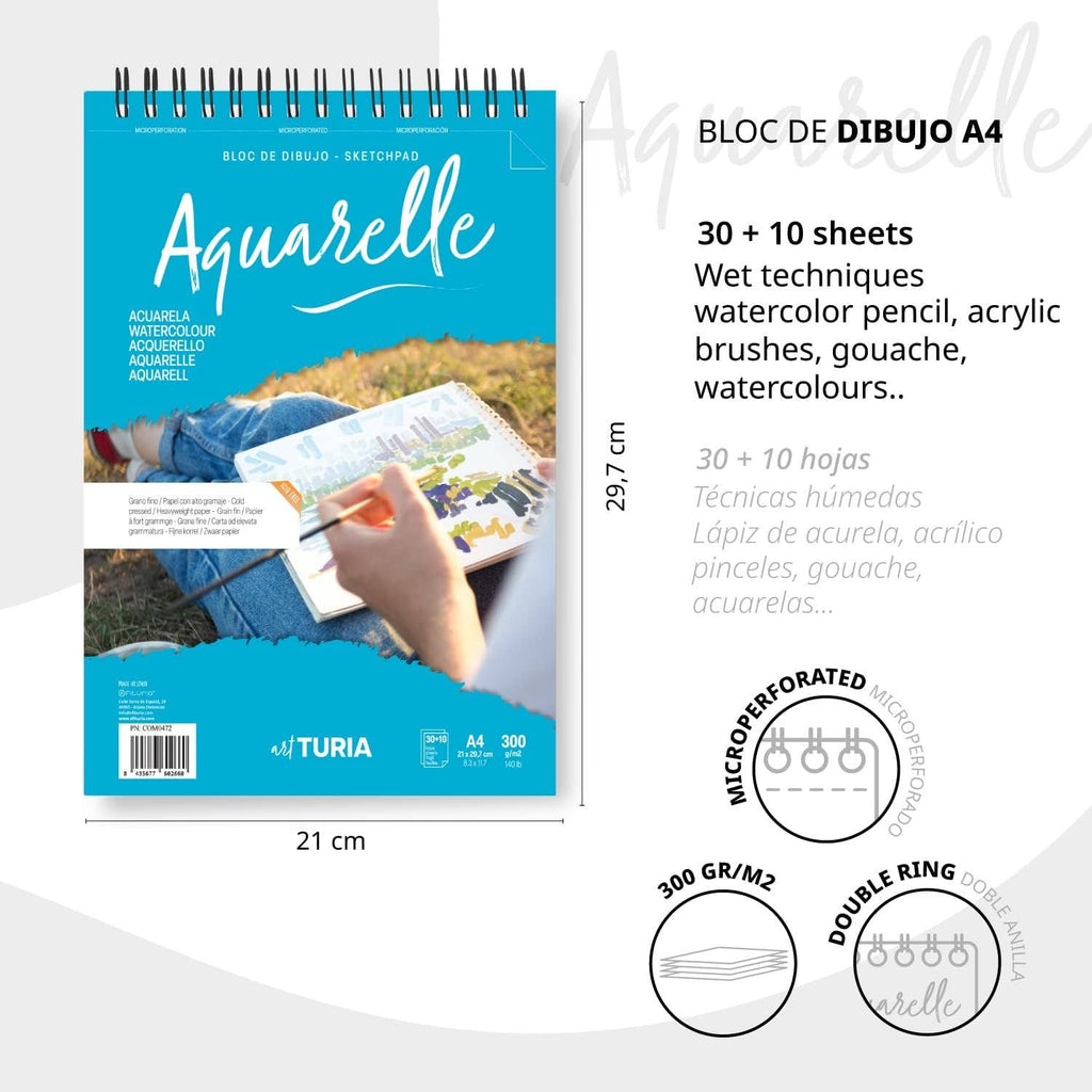 Akvarelblok A4, 30 ark 300 g/m²